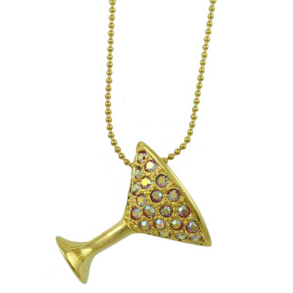 Pink AB Crystals Martini Glass Pendant on Gold Chain - Lilylin Designs