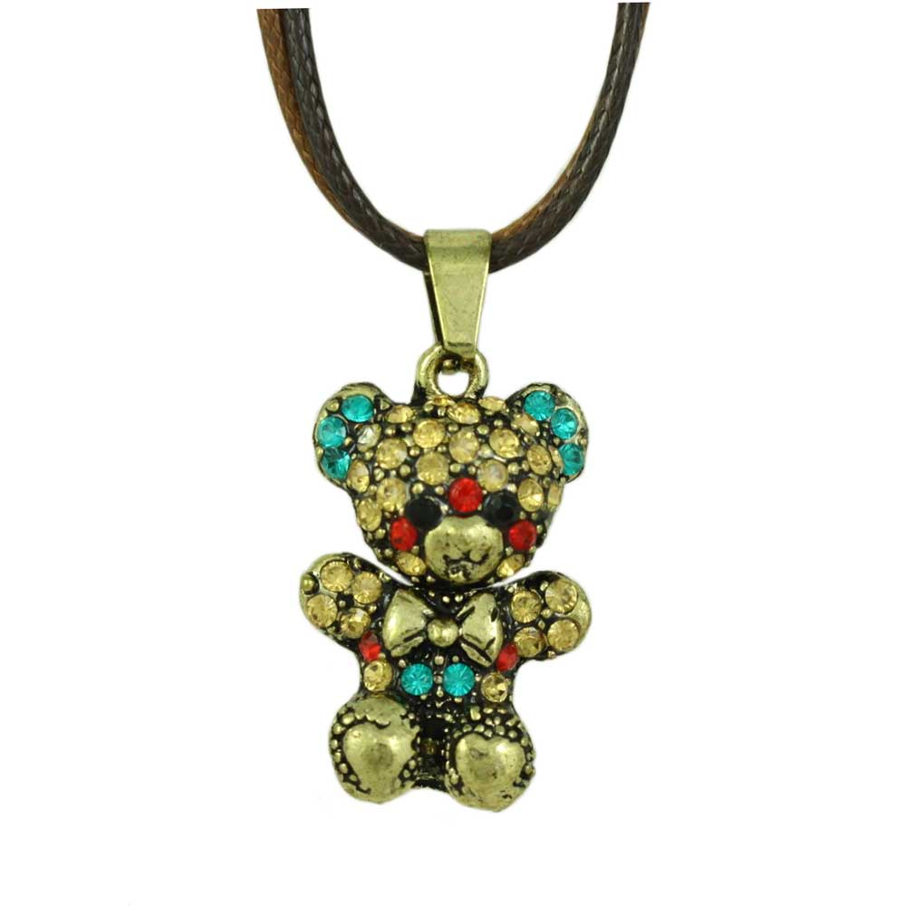 Crystal Teddy Bear Pendant on Black and Brown Cord - Lilylin Designs