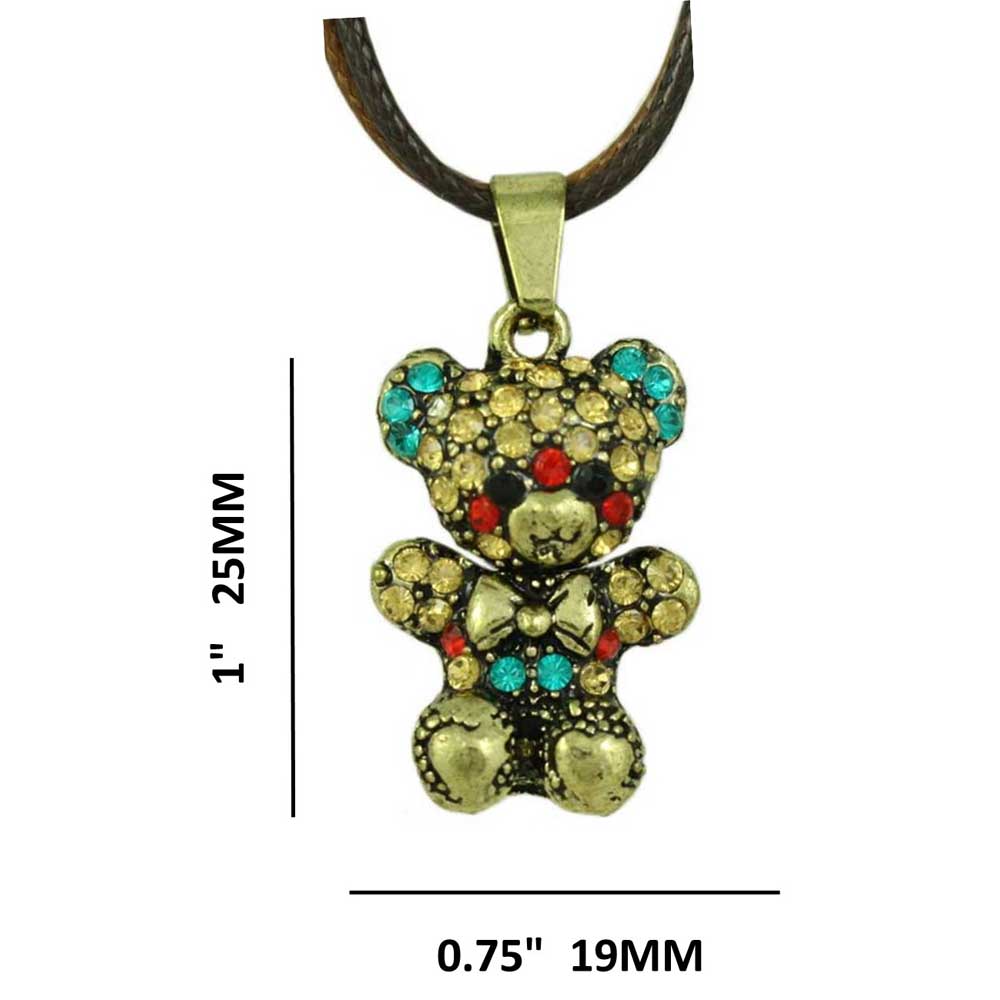 Crystal Teddy Bear Pendant on Black and Brown Cord with measurements - Lilylin Designs