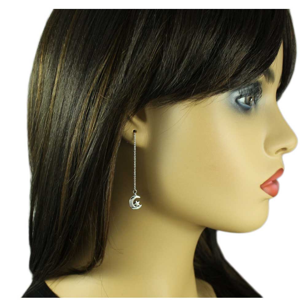 Silver Chain with Crescent Moon and Star Dangling Earring - DMEC621 - Lilylin Designs