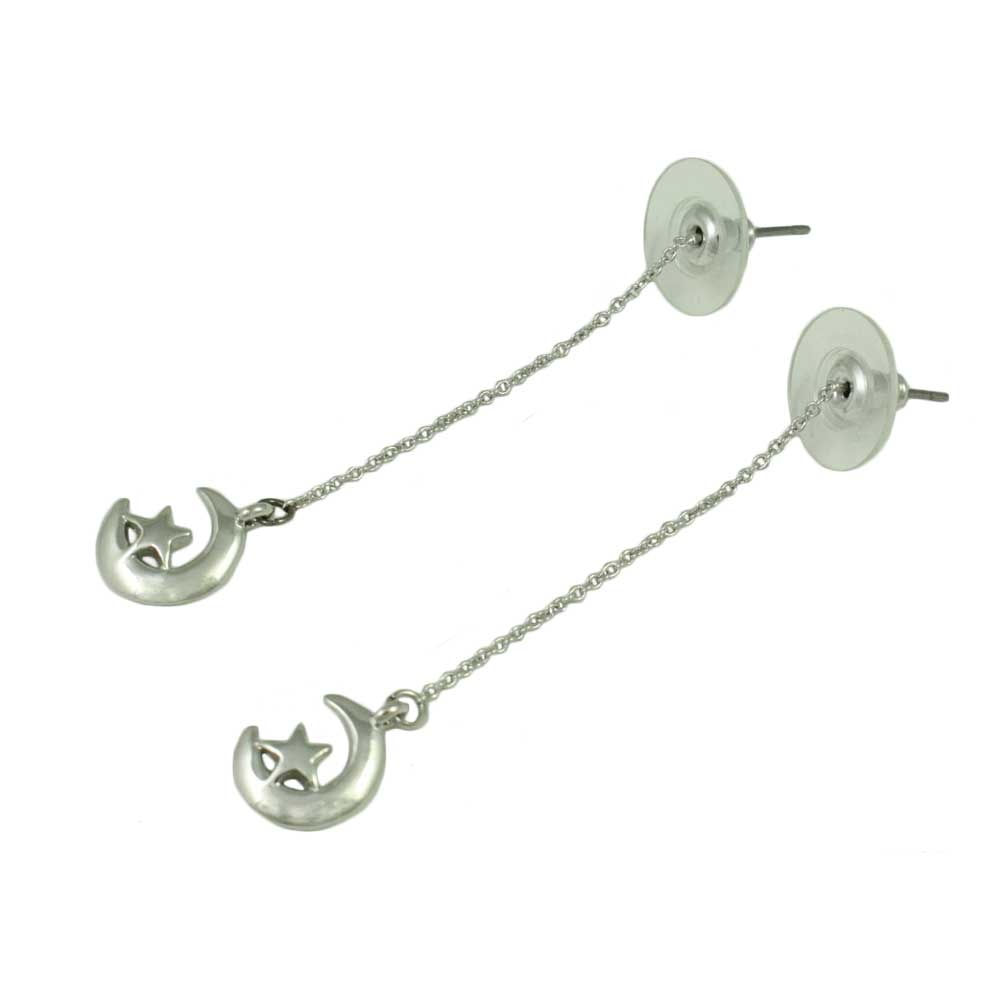 Silver Chain with Crescent Moon and Star Dangling Earring - DMEC621 - Lilylin Designs