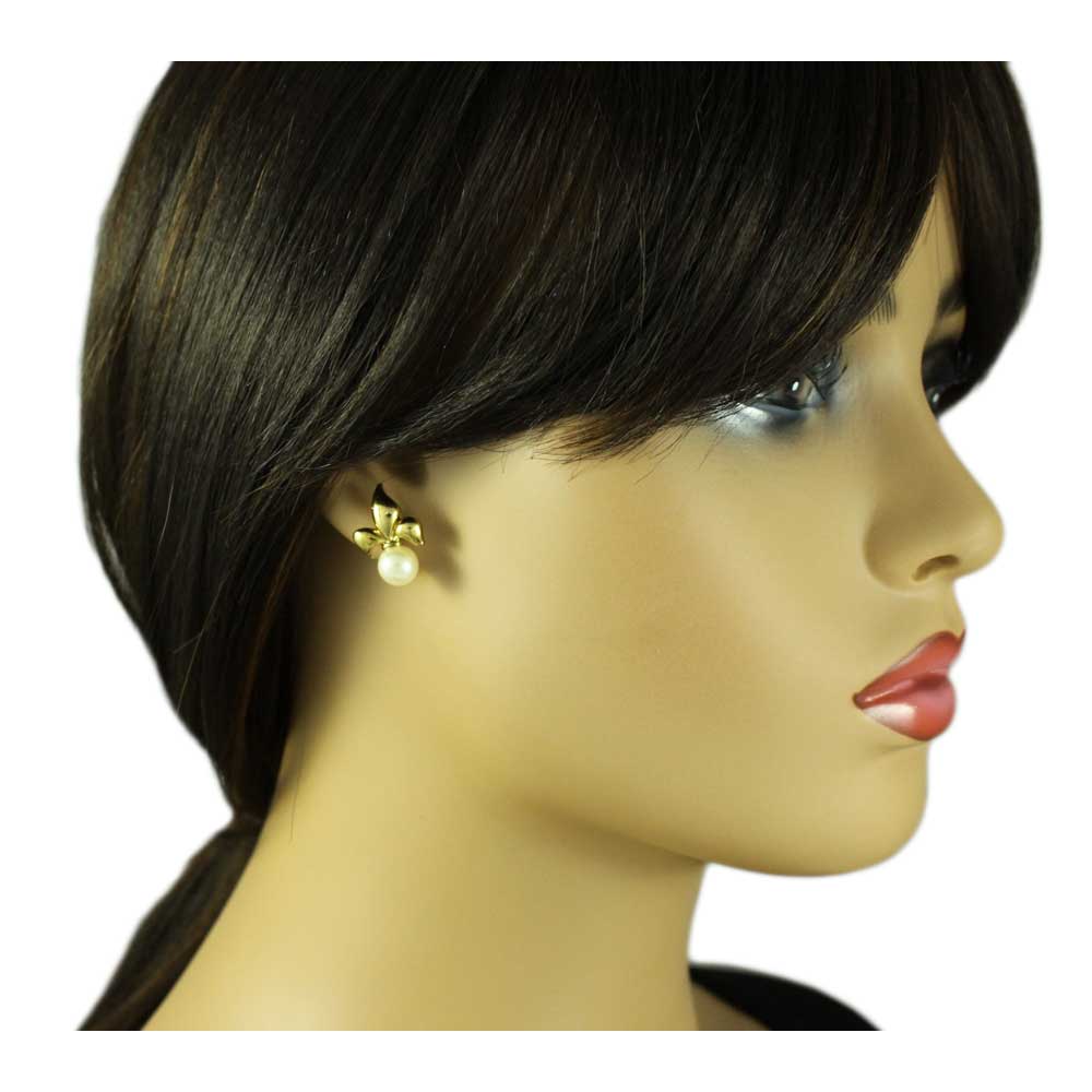 Gold - plated Fleur de Lis with Cream Pearl Pierced Earring - DPE608 - Lilylin Designs