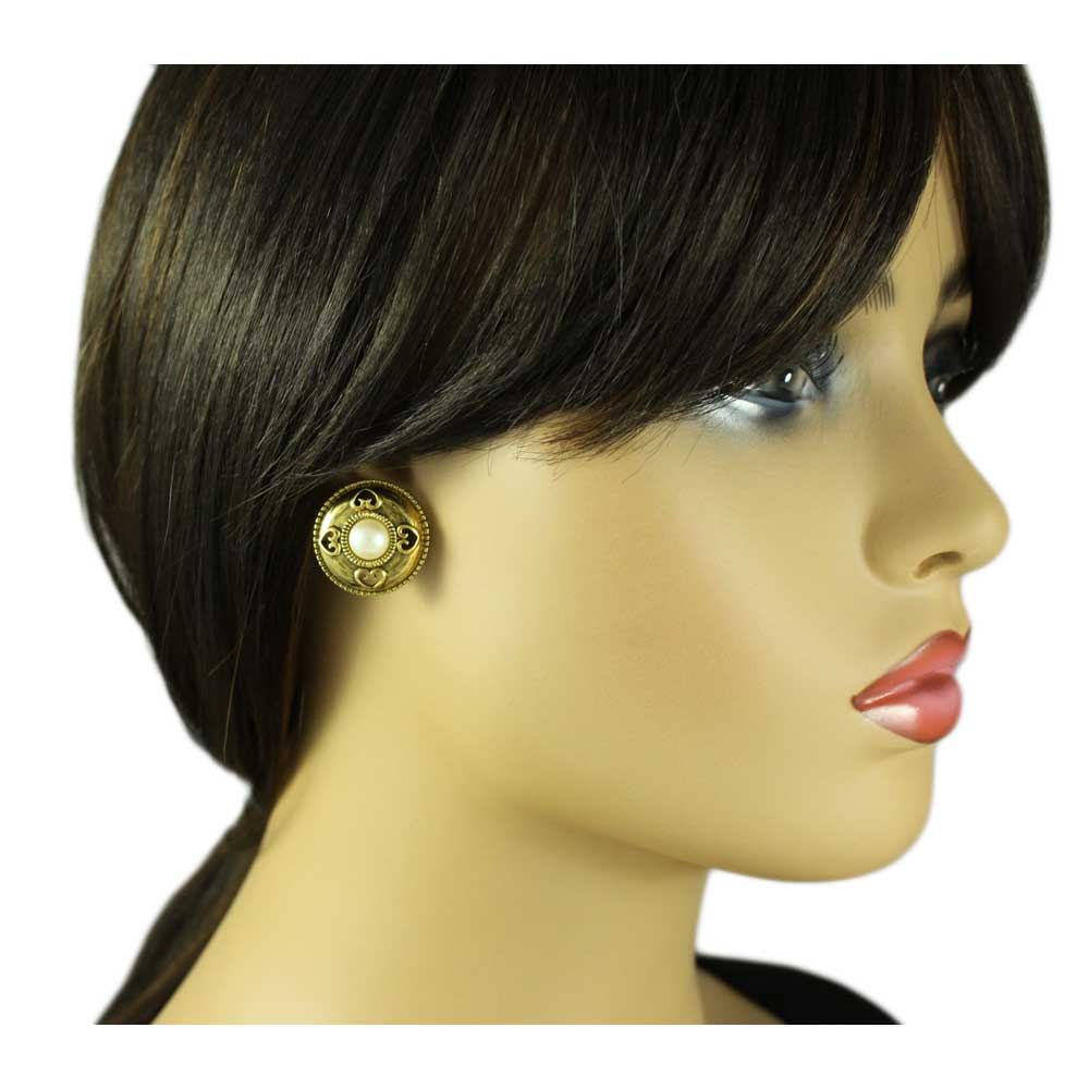 Gold Button with Heart Cutouts and Pearl Pierced Earring - DPE610 - Lilylin Designs