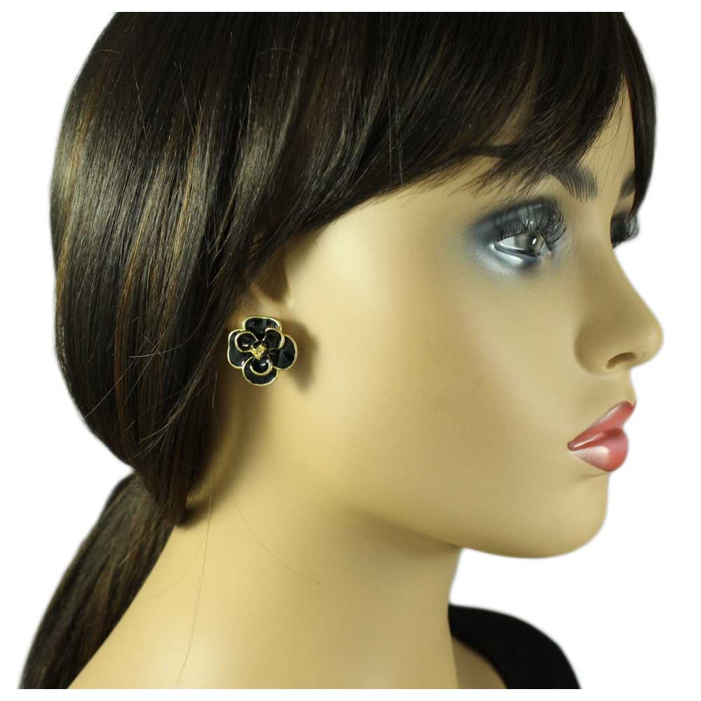 Black Enamel Flower Trimmed in Gold Pierced Earring - EQ103 - Lilylin Designs