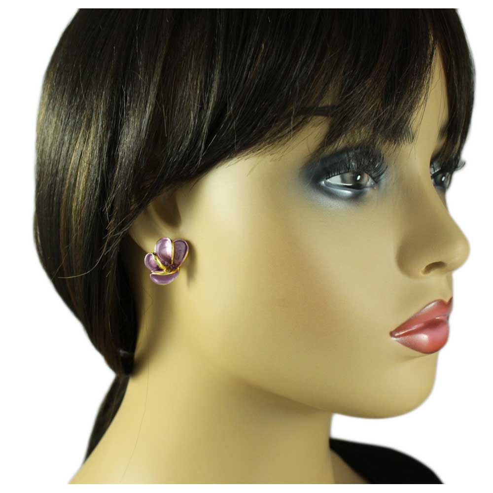 Purple Half Flower Outlined in Gold Pierced Earring - EQ240 - Lilylin Designs