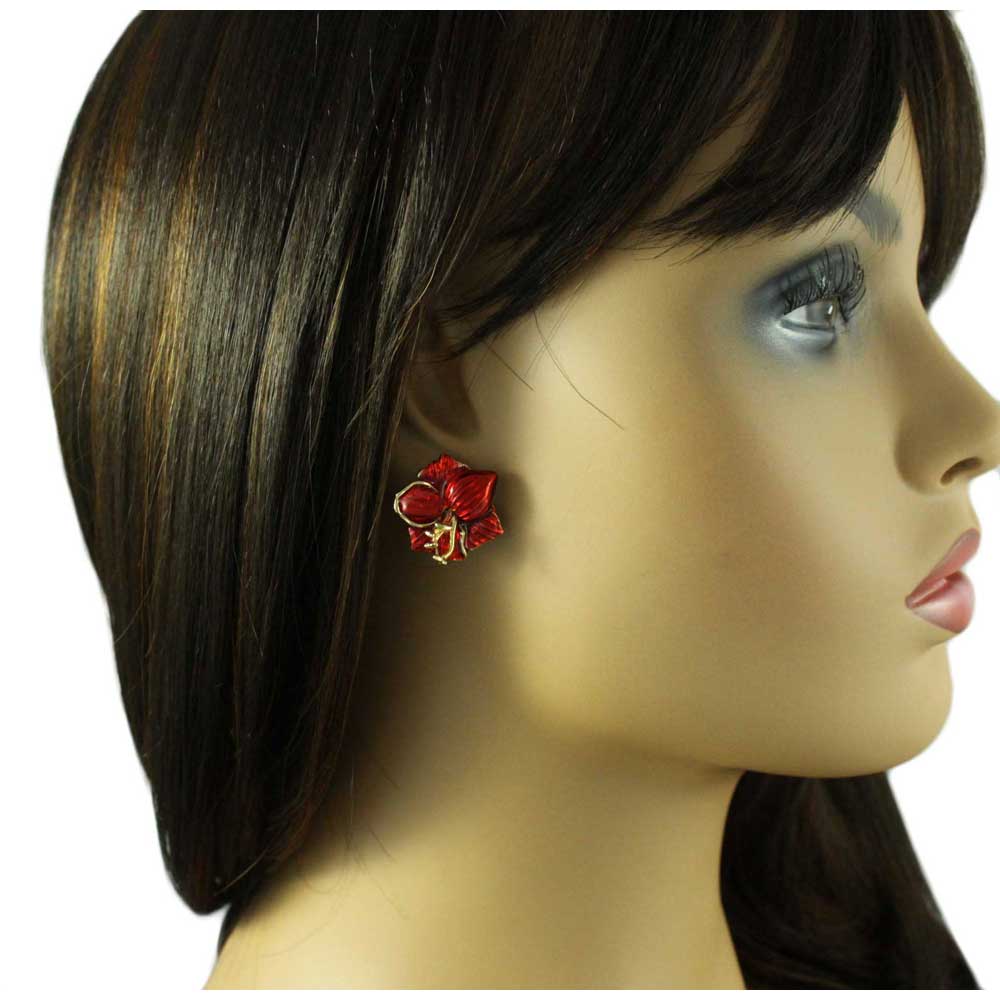 Red Enamel Christmas Amaryllis Clip Earring - EQ304C - Lilylin Designs