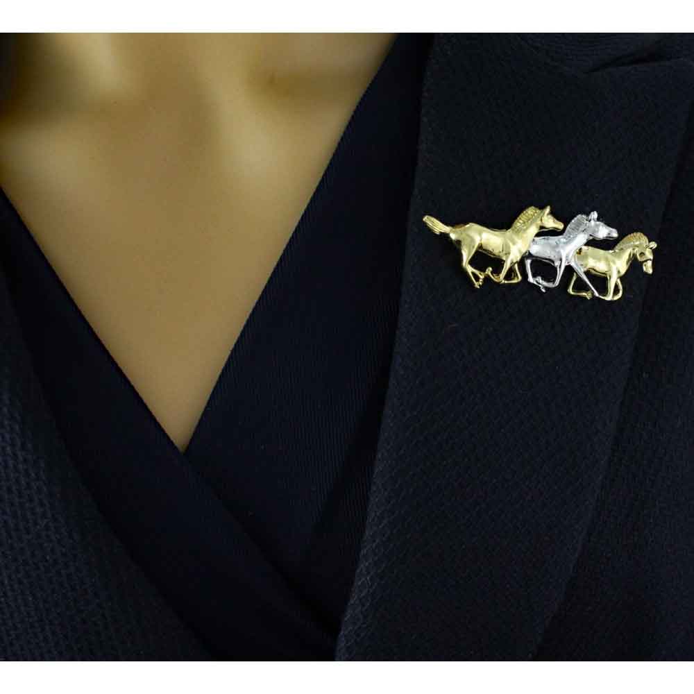 Gold and Silver Running Horses Brooch Pin - FAP918A - Lilylin Designs