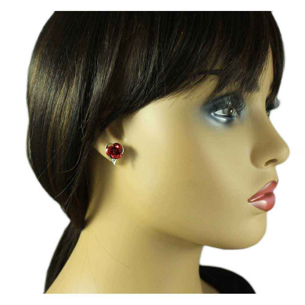 Silver Open Heart with Red Rose Pierced Earring - FE105 - Lilylin Designs