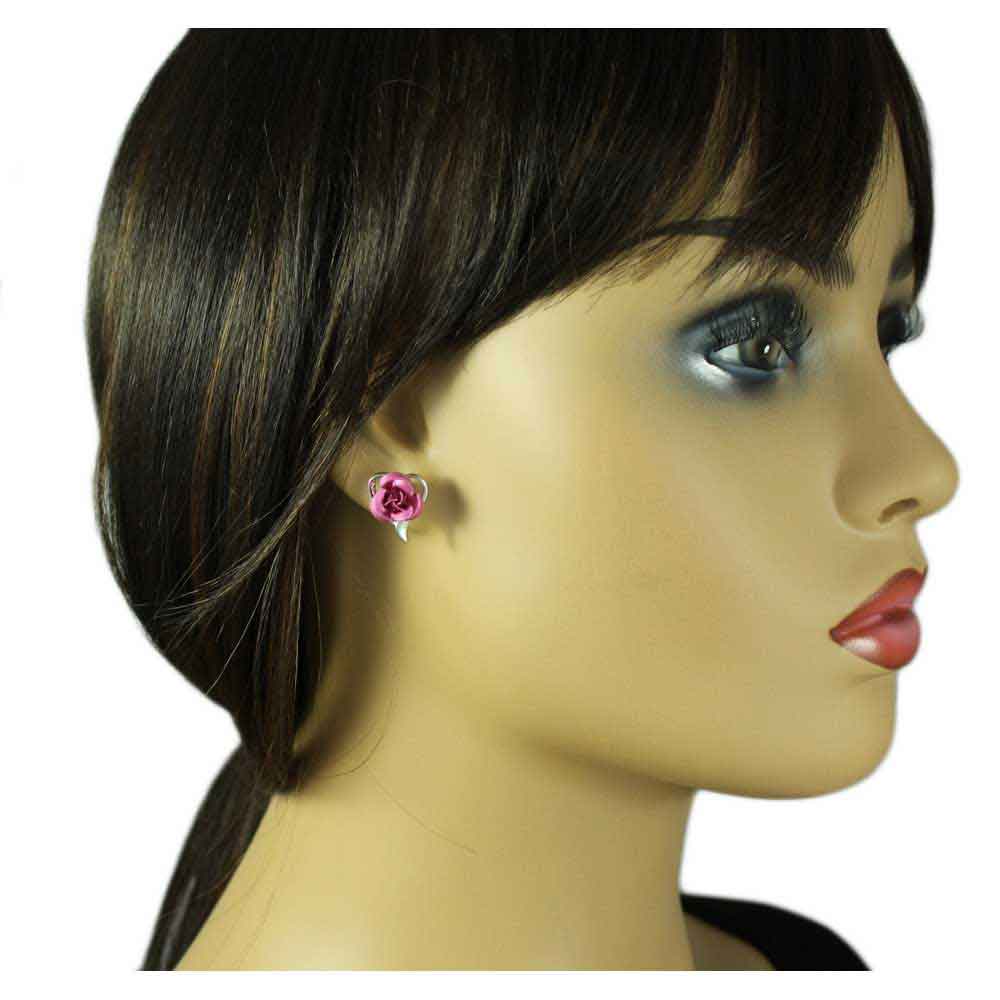 Silver Open Heart with Pink Rose Pierced Earring - FE105PK - Lilylin Designs