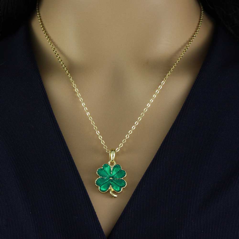 Green Enamel 4 Leaf Clover Pendant on Gold Chain - FE115N - Lilylin Designs
