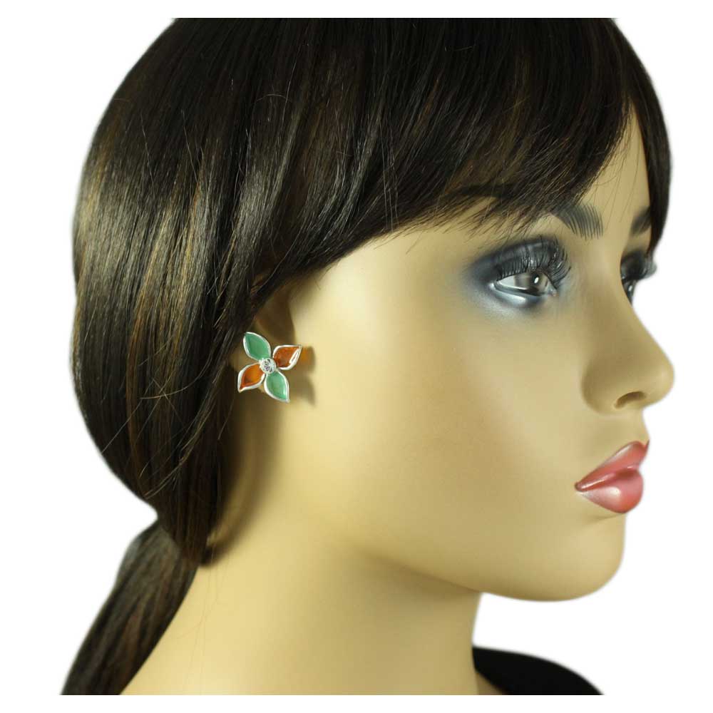Green and Orange Stained Glass Flower Pierced Earring - FE303 - Lilylin Designs