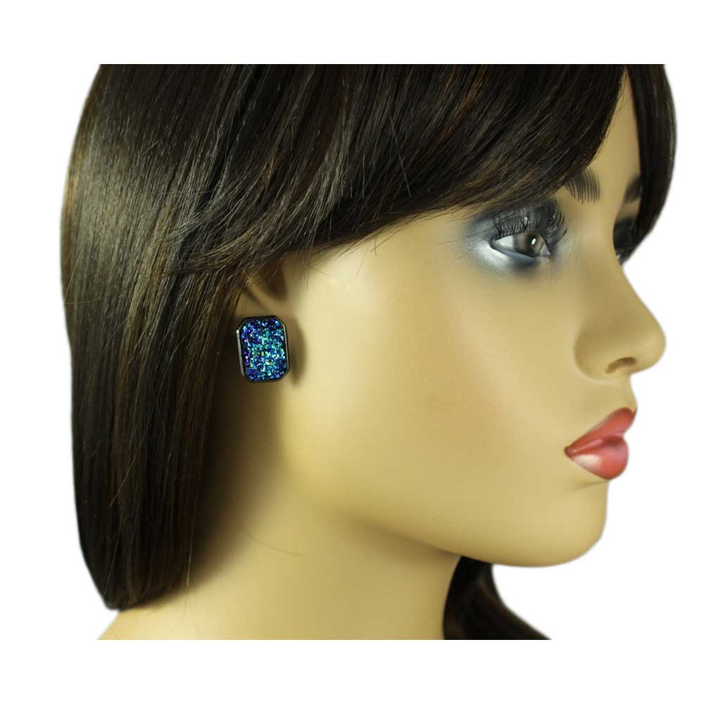 Blue Sparkling Fabric Rectangle Pierced Earring - FE408 - Lilylin Designs