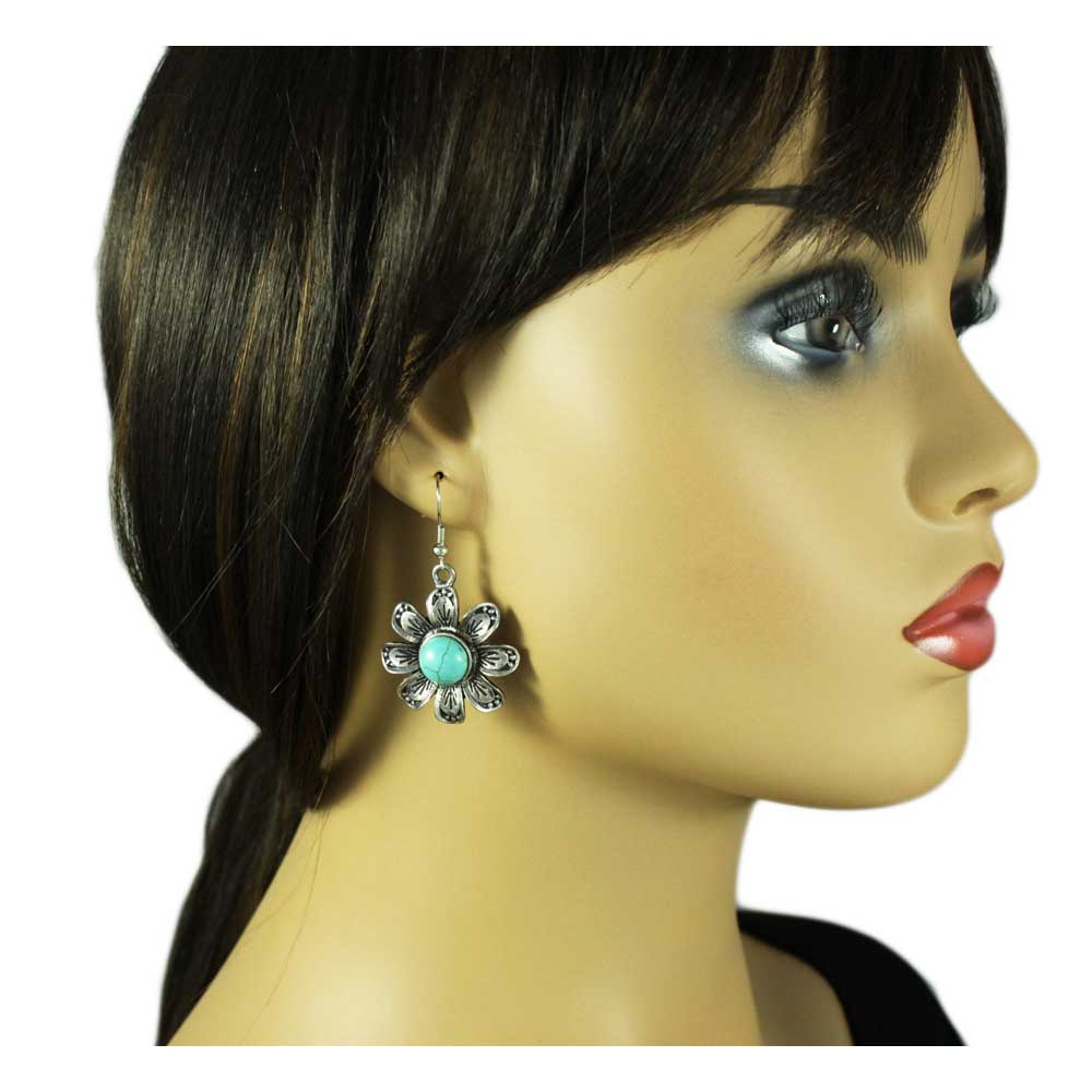 Antique Silver Turquoise Flower Dangling Pierced Earring - FE504 - Lilylin Designs