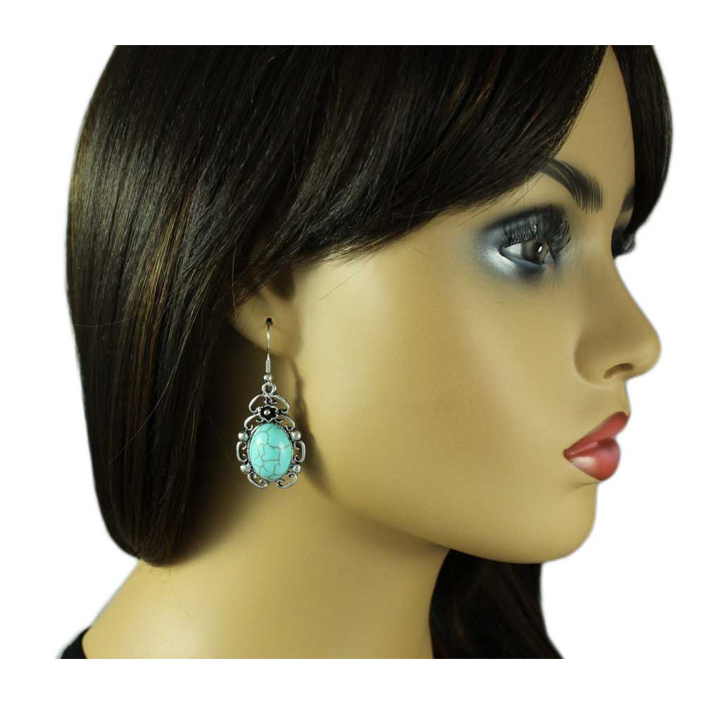 Antique Silver - tone Oval Turquoise Dangling Pierced Earring - FE506 - Lilylin Designs