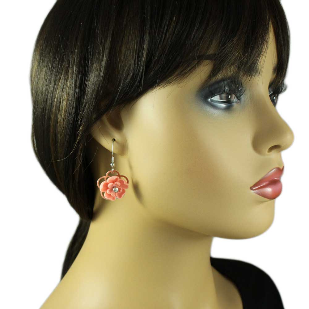 Pink with Silver Flower Dangling Pierced Earring - FE602PK - Lilylin Designs