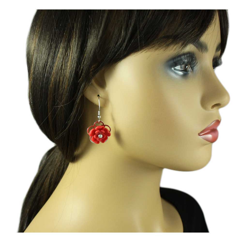 Red with Silver Flower Dangling Pierced Earring - FE602RD - Lilylin Designs