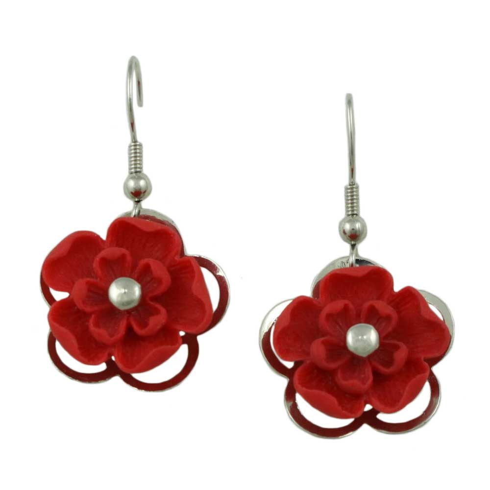 Lilylin Designs Red with Silver Flower Dangling Pierced Earring