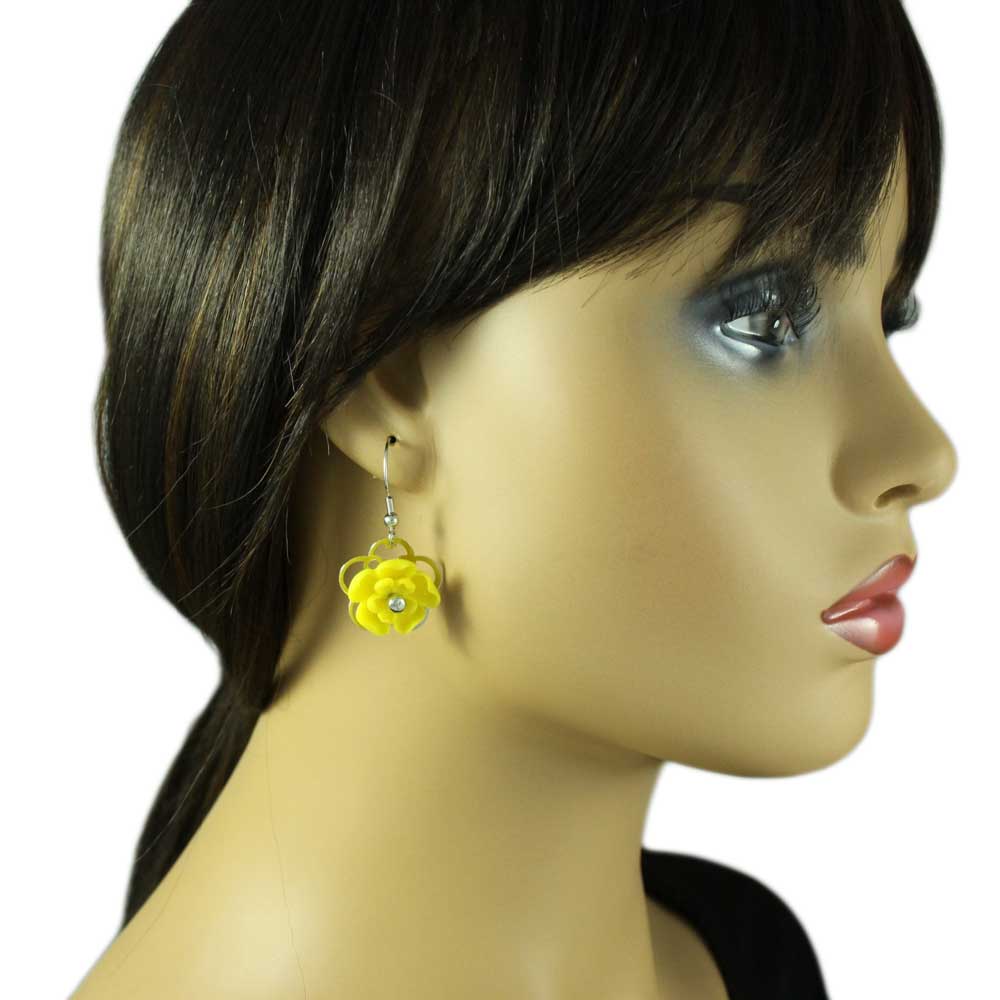 Yellow with Silver Flower Dangling Pierced Earring - FE602YW - Lilylin Designs