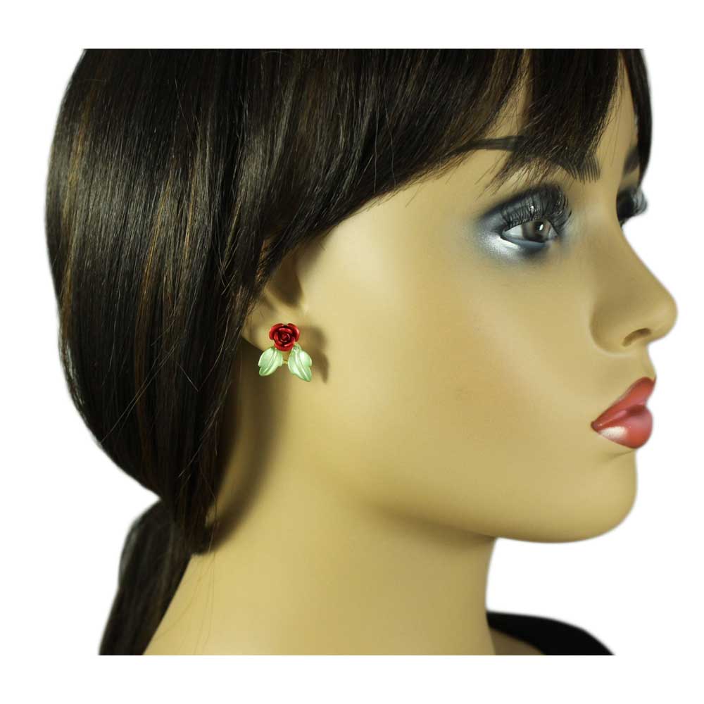Red Rose with Light Green Leaves Pierced Earring - FE727 - Lilylin Designs