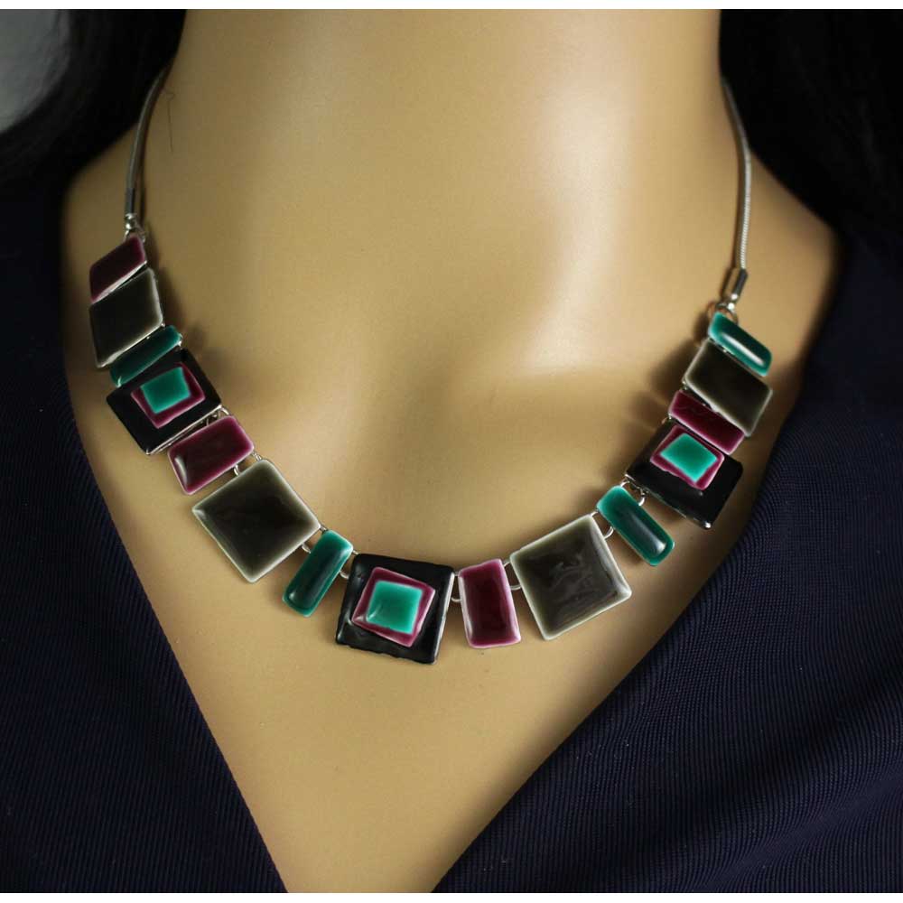 Dark Brown, Teal and Purple Enamel Squares Necklace - FN321 - Lilylin Designs