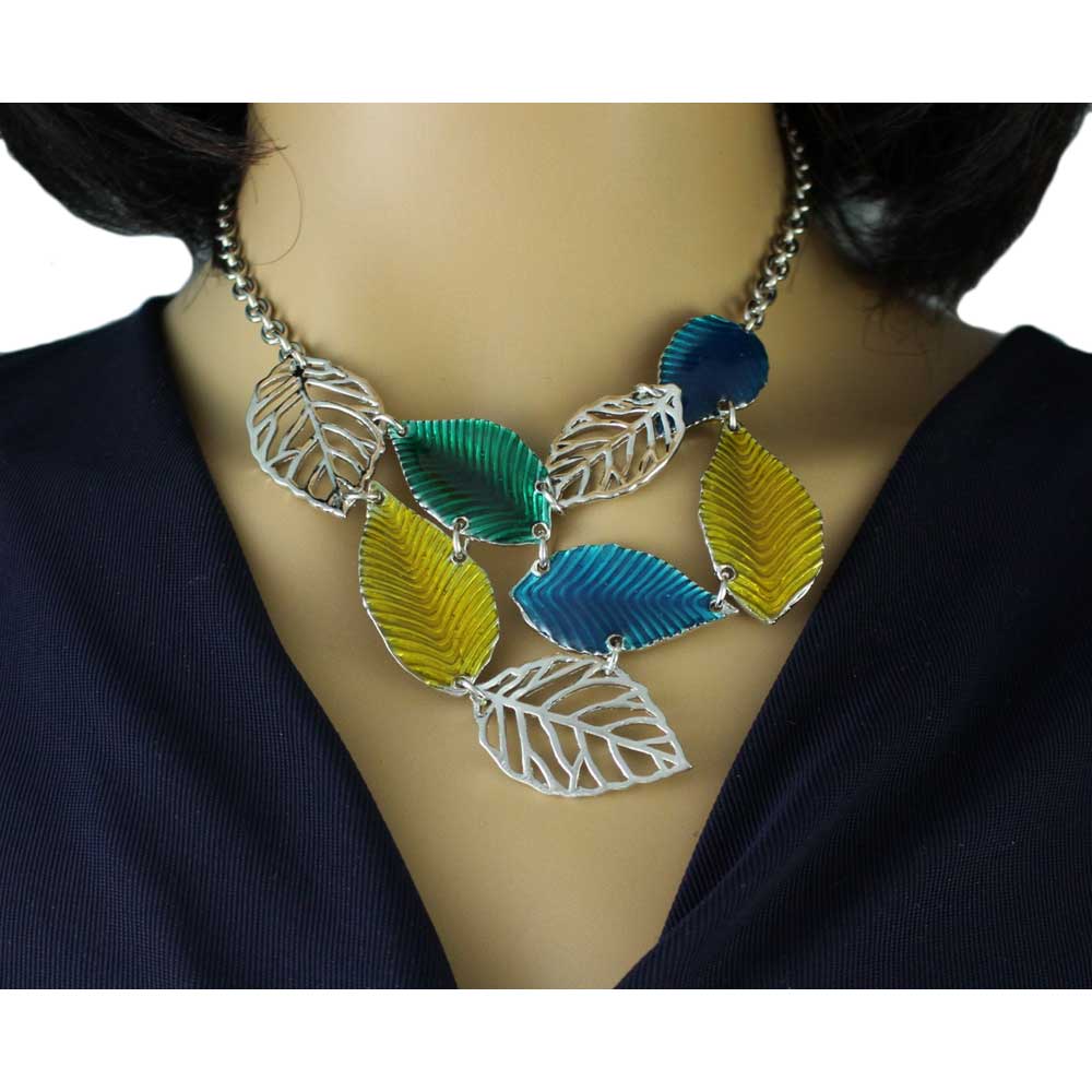 Blue, Yellow, and Green Enamel Leaves Necklace - FN322 - Lilylin Designs