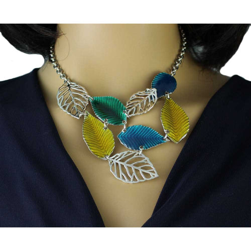 Blue, Yellow, and Green Enamel Leaves Necklace - FN322 - Lilylin Designs