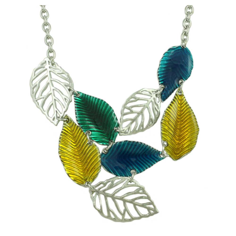 Lilylin Designs Blue, Yellow, and Green Enamel Leaves Necklace