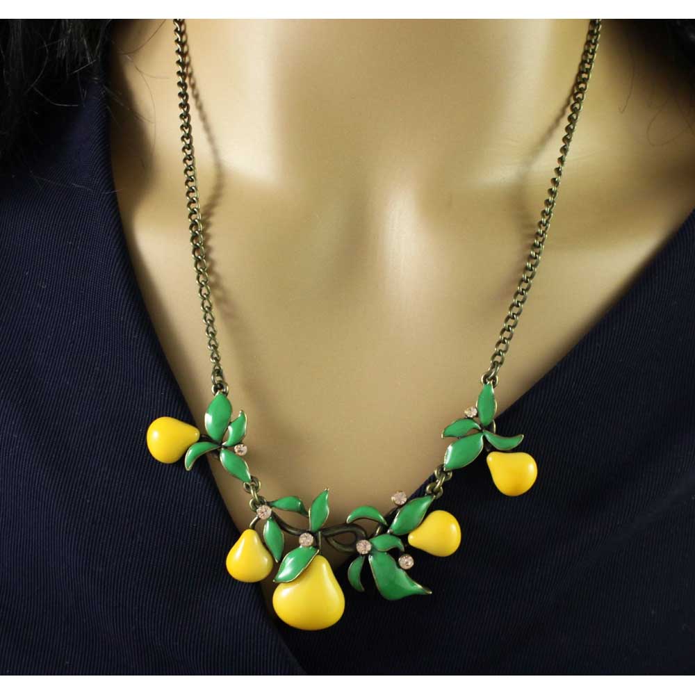 Yellow Enamel Pears with Green Leaves Necklace - FN403 - Lilylin Designs