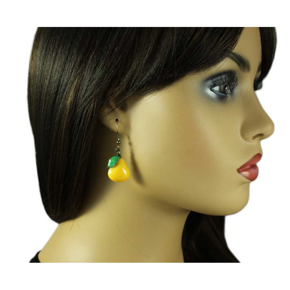 Yellow Pear with Green Leaf Dangling Pierced Earring - FN403E - Lilylin Designs