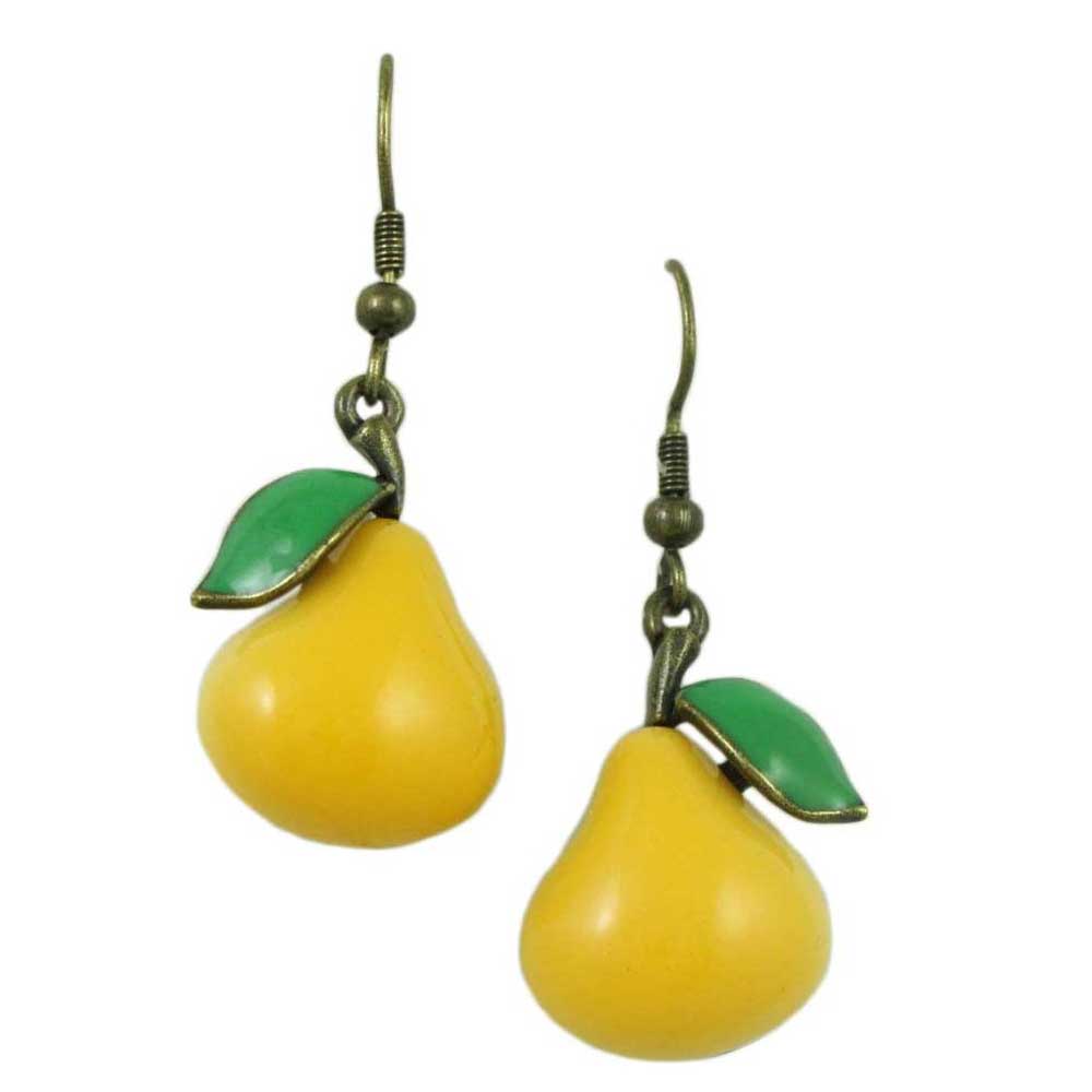 Yellow Pear with Green Leaf Dangling Pierced Earring - FN403E - Lilylin Designs