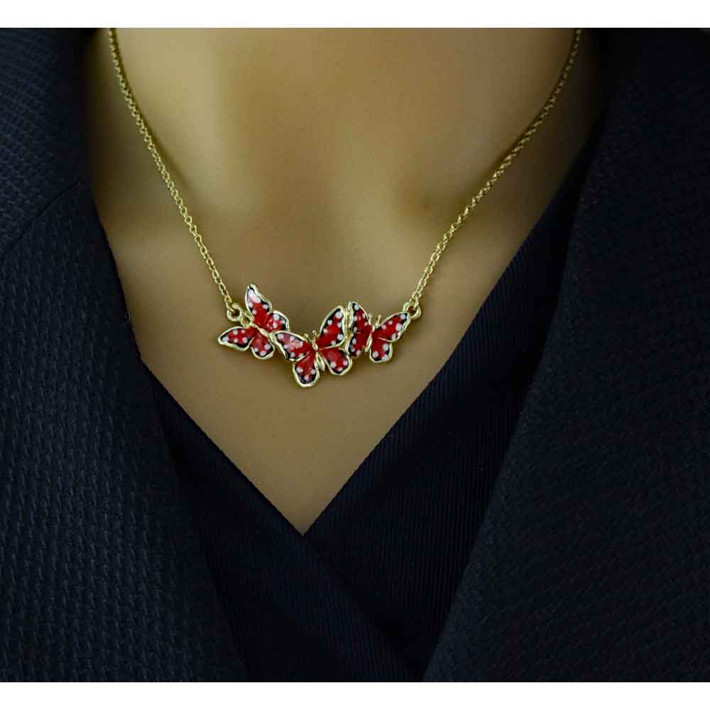 Orange and White Enamel Speckled Butterflies Necklace - FN481 - Lilylin Designs
