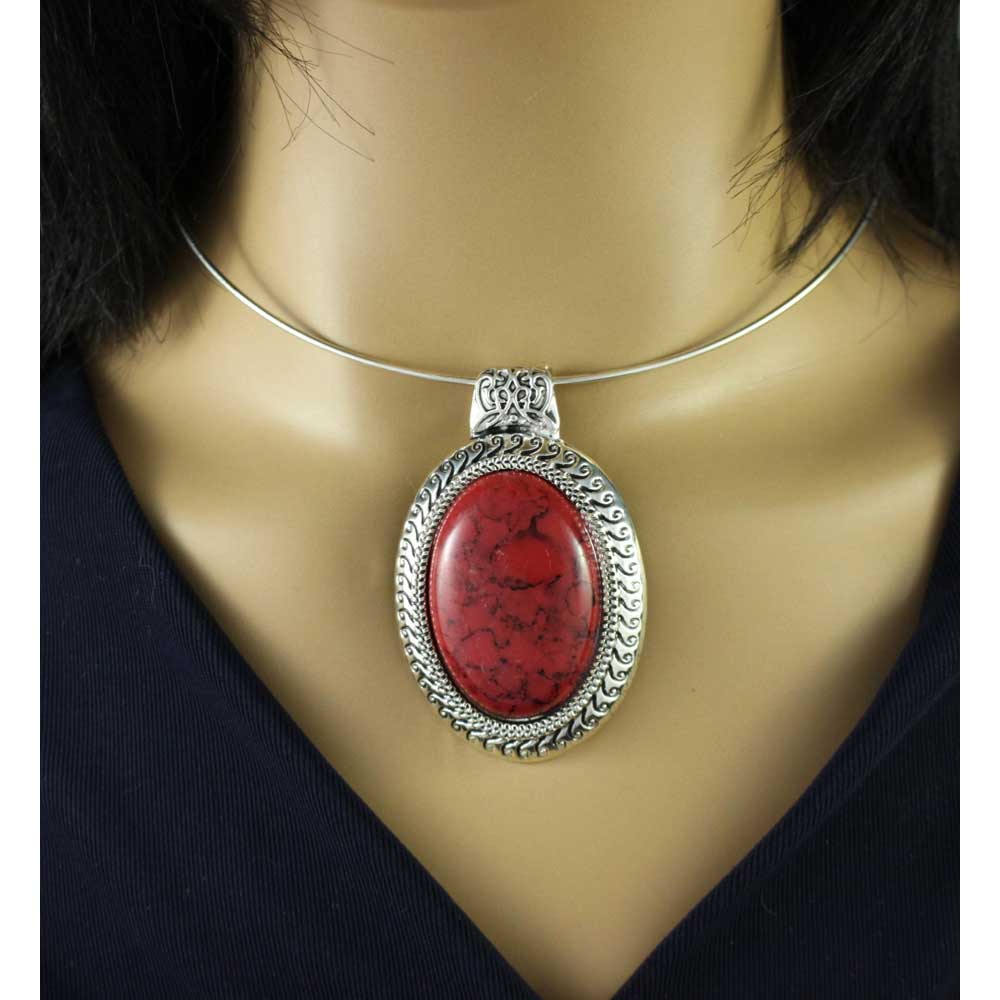 Wire Necklace with Oval Red Turquoise Pendant - FN513 - Lilylin Designs