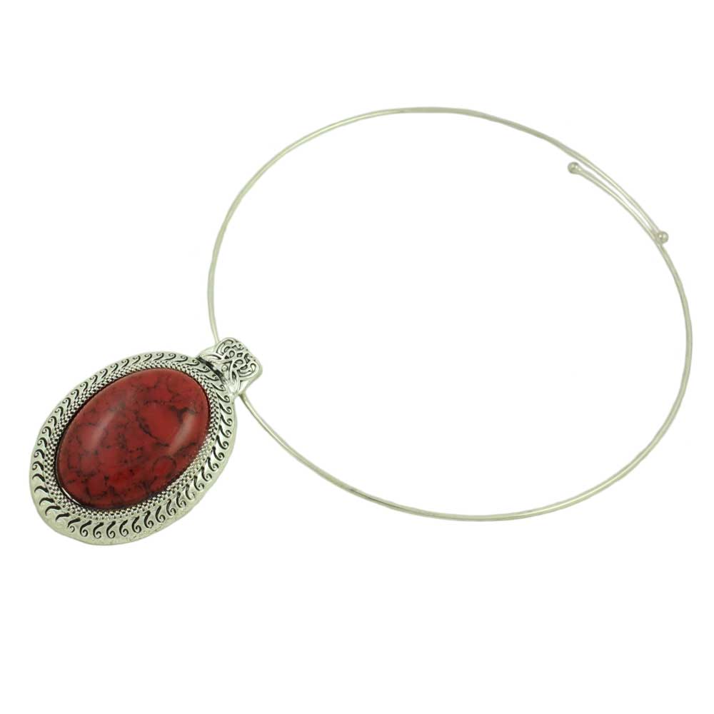 Wire Necklace with Oval Red Turquoise Pendant - FN513 - Lilylin Designs