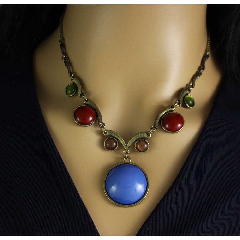 Large Round Blue Stone with Assorted Stones Necklace - FN514 - Lilylin Designs