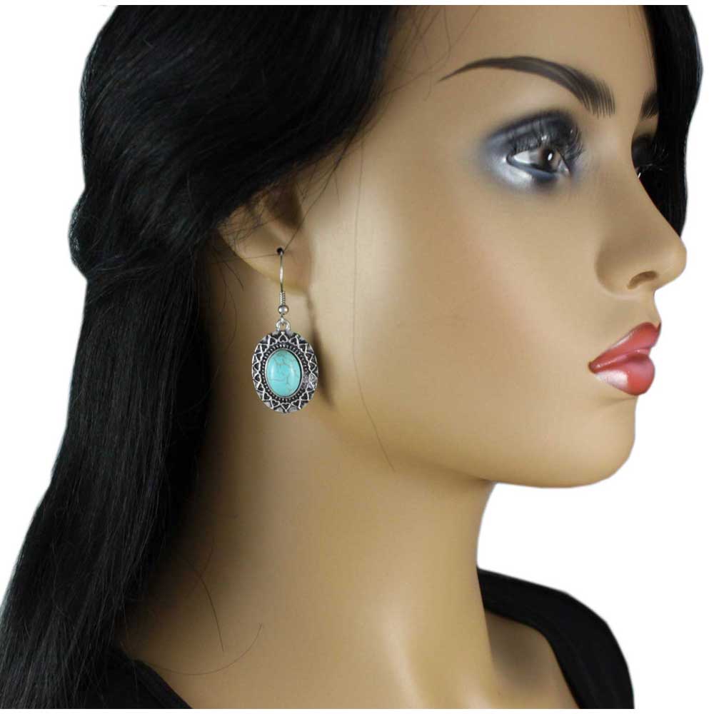 Antique Silver - tone Oval Turquoise Pierced Earring - FN518E - Lilylin Designs