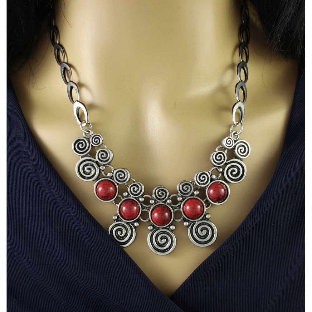 Antique Swirls with Red Turquoise Stones Necklace - FN519 - Lilylin Designs