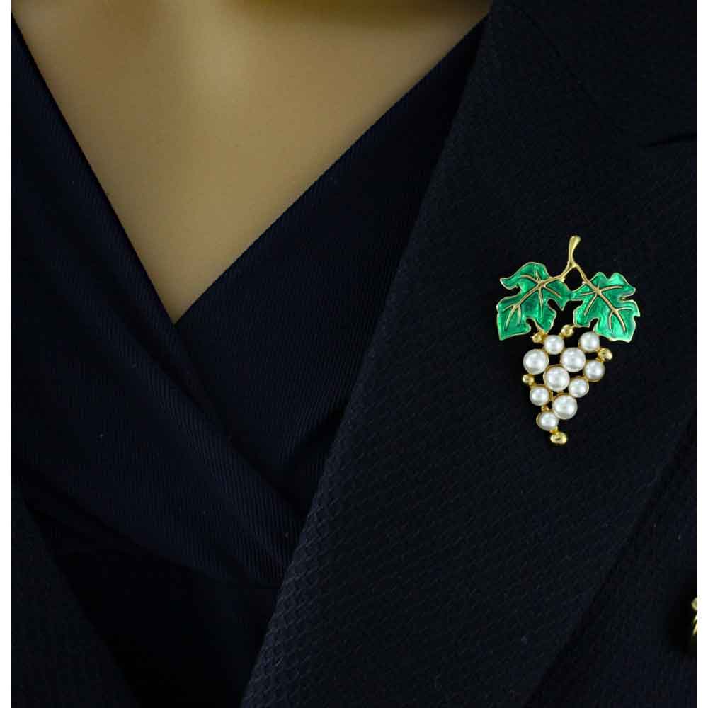 White Pearl Grapes with Green Enamel Leaves Brooch Pin - FP134B - Lilylin Designs