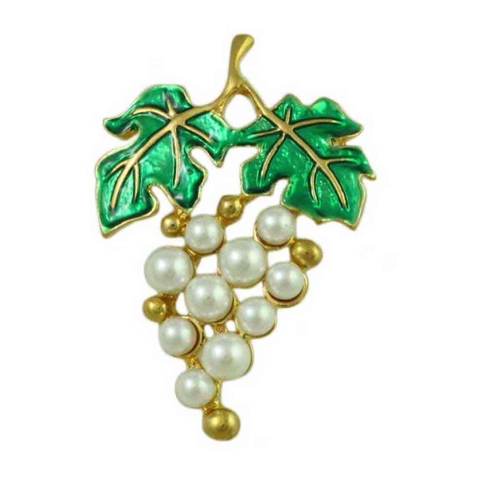 Lilylin Designs White Pearl Grapes with Green Enamel Leaves Brooch Pin