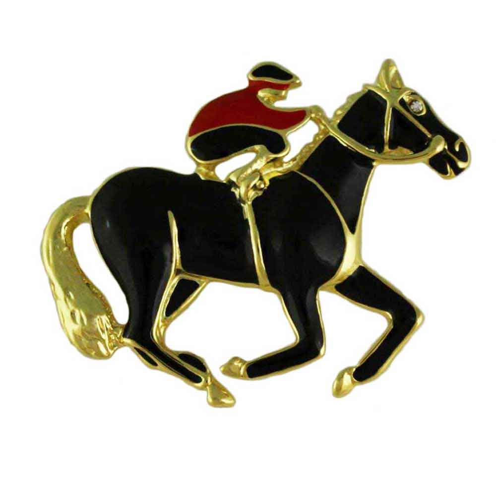 Lilylin Designs Black and Red Enamel Jockey with Black Horse Brooch Pin