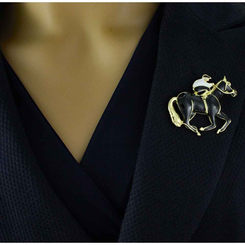 Black and White Enamel Jockey with Black Horse Brooch Pin - FP18DWT - Lilylin Designs