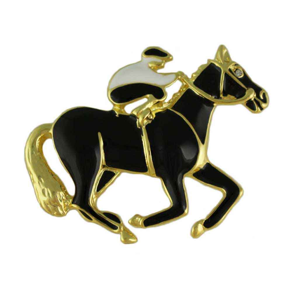 Lilylin Designs Black and White Enamel Jockey with Black Horse Brooch Pin