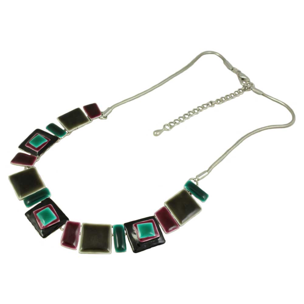 Full view of Dark Brown, Teal and Purple Enamel Squares Necklace - Lilylin Designs