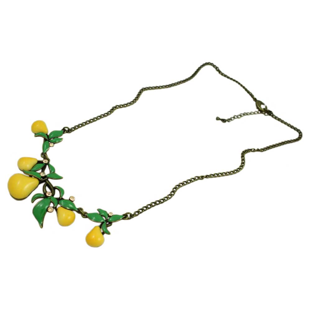 Full view of Yellow Enamel Pears with Green Leaves Necklace - Lilylin Designs