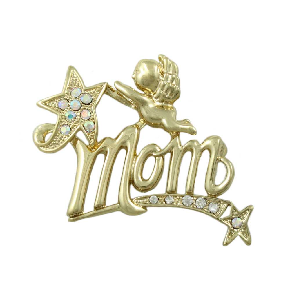 Gold MOM Cherub and Crystal Shooting Star Brooch Pin - Lilylin Designs