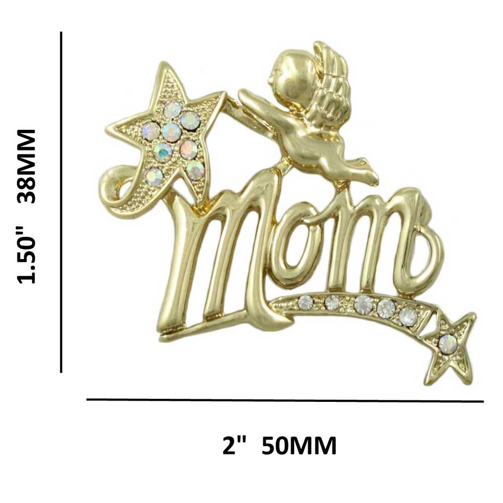 Gold MOM Cherub and Crystal Shooting Star Brooch Pin with measurements - Lilylin Designs