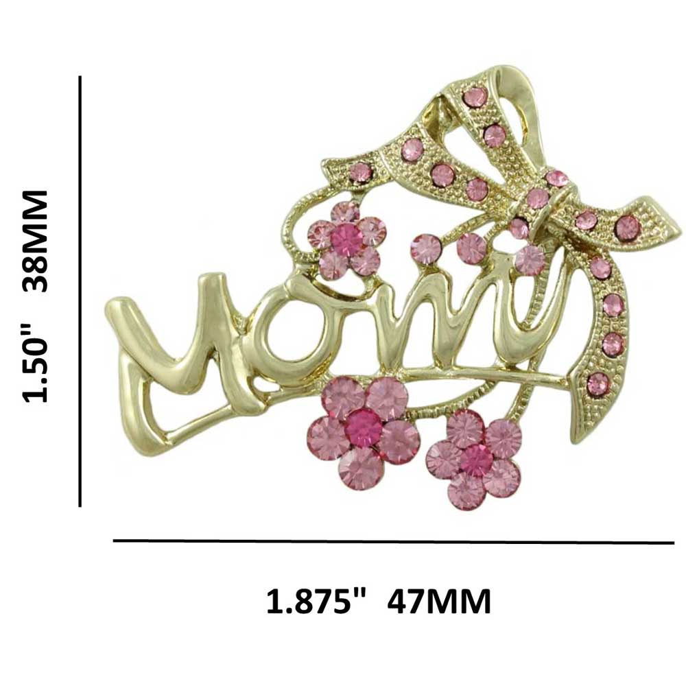Gold with Pink Crystal Flowers and Bow MOM Brooch Pin with measurements - Lilylin Designs