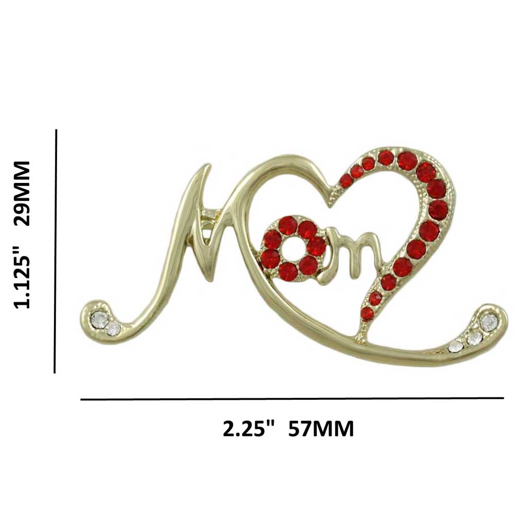 Gold Stylized Open Heart with Red Crystals MOM Pin with measurements - Lilylin Designs