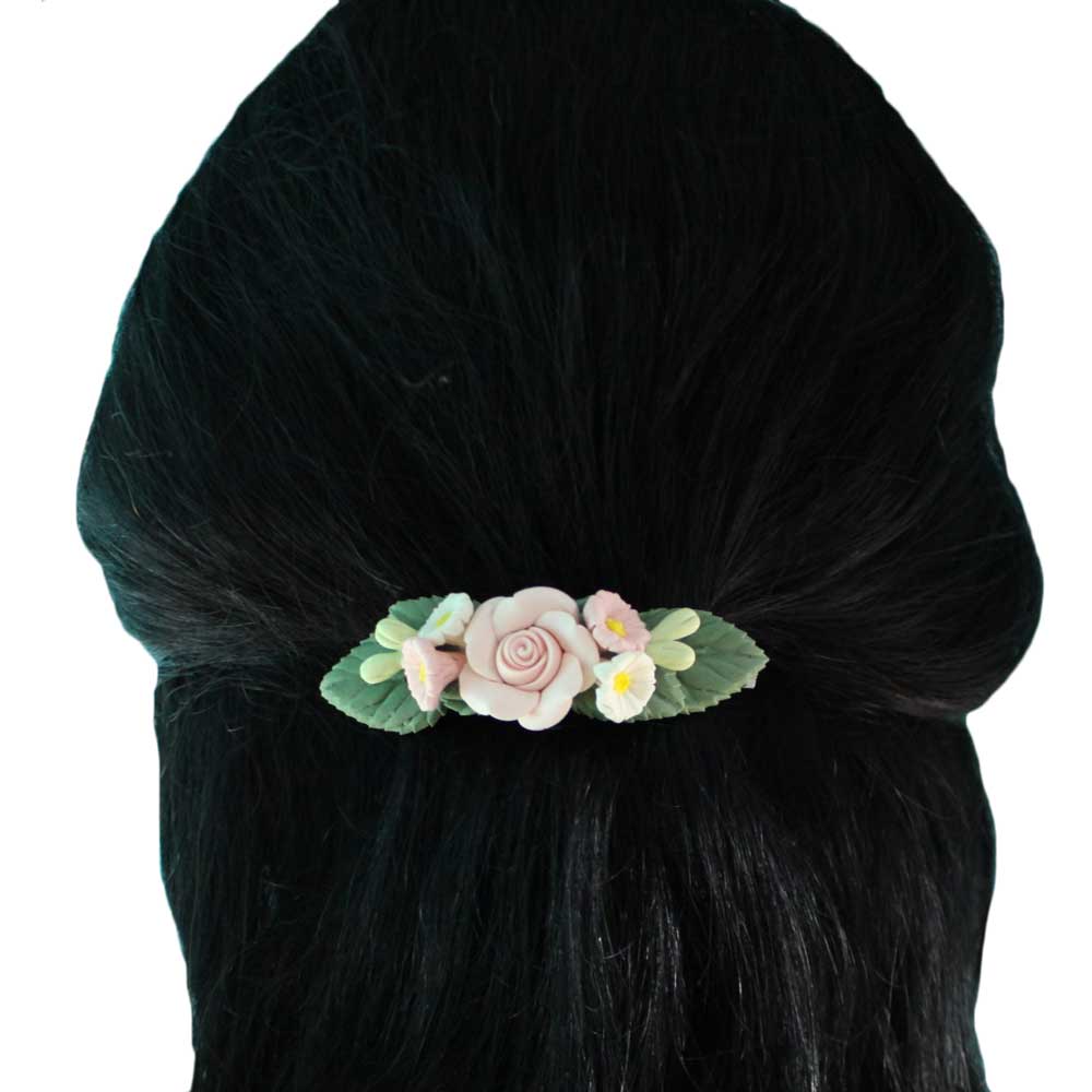 Pink Rose and Daisies Fimo Clay Hair Clip - HO489 - Lilylin Designs