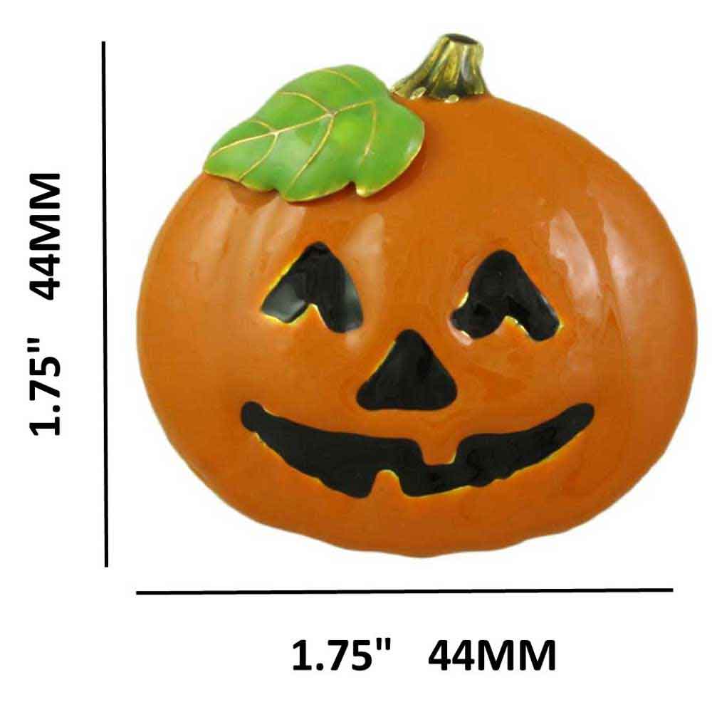 Orange Enamel Jack O Lantern Pumpkin Brooch Pin with measurements - Lilylin Designs