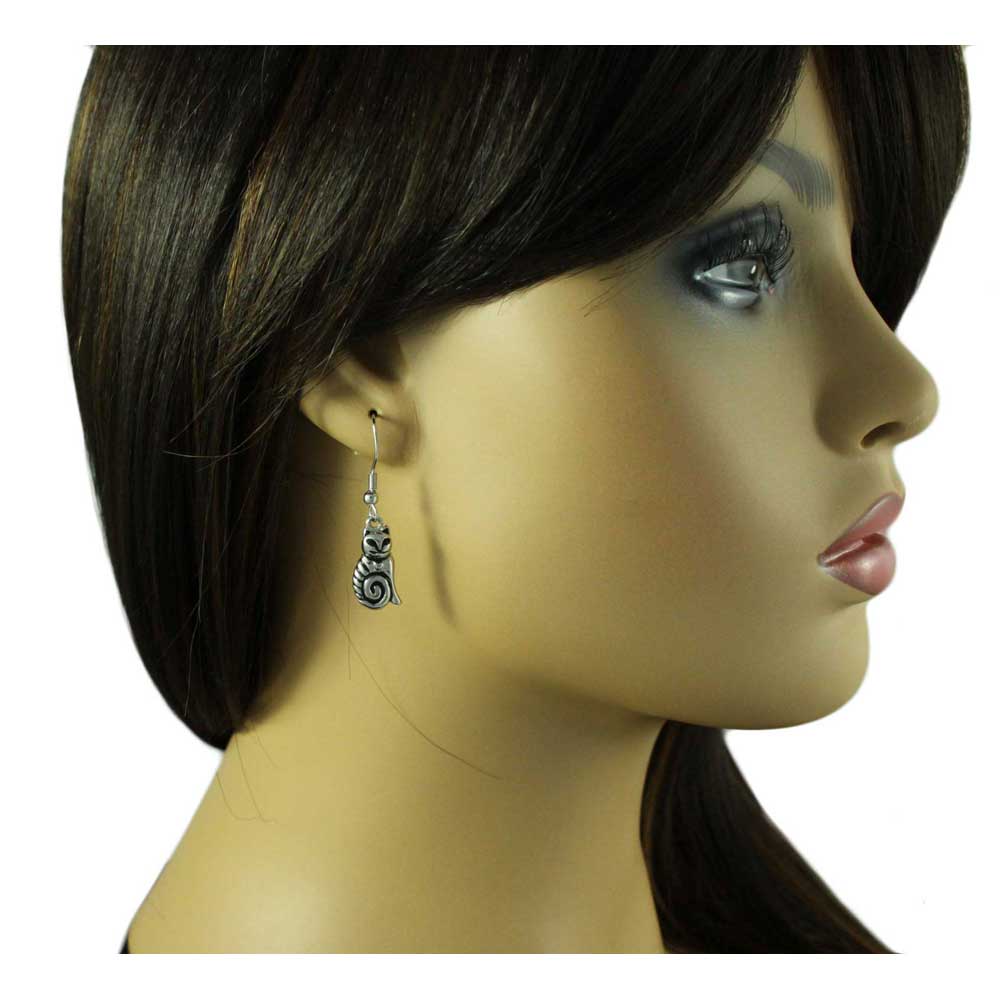 Antique Silver - tone Cat Dangling Pierced Earring - MEC140 - Lilylin Designs
